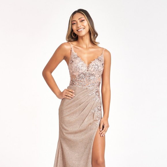GLS Collective Dresses & Skirts - NEW ROSE GOLD OFF SHOULDER GLITTER CREPE MERMAID DRESS WITH LACED BACK GL3030